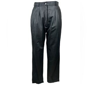 Vintage Pleated High Waisted Straight Leg Leather Pants Black